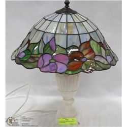 STAINGLASS STYLE  LAMP WITH WHITE MARBLE BASE.