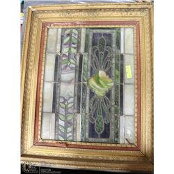 ANTIQUE FRAMED STAINED GLASS WINDOW.