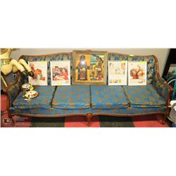 ANTIQUE 4-SEAT BLUE SOFA WITH GOLD AND WOOD