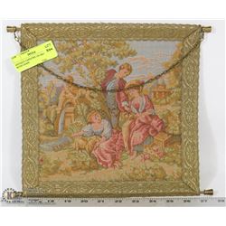 ANTIQUE TAPESTRY ON BRASS ROD WITH CHAIN