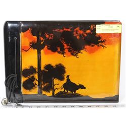 VINTAGE HAND PAINTED ASIAN BLACK LACQUER WOOD