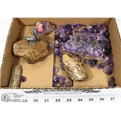 LARGER LOT OF AMETHYST PIECES WITH MARBLE BEAR