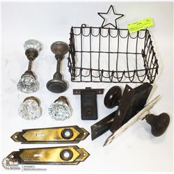 BASKET OF ANTIQUE GLASS DOOR KNOBS & HARDWARE