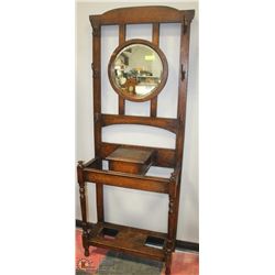 ANTIQUE OAK HALL STAND WITH MIRROR AND UMBRELLA