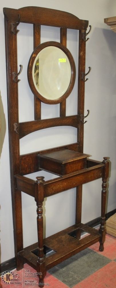 Antique Oak Hall Stand With Mirror And Umbrella Antique Oak Hall Stand With Mirror