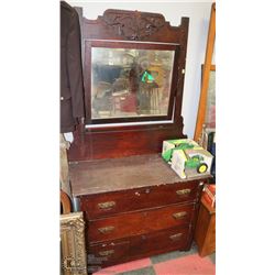 ANTIQUE DRESSER WITH MIRROR.