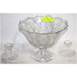 CRYSTAL FRUIT BOWL WITH 2 CANDLE STICK HOLDERS.