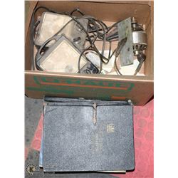 ESTATE BOX WITH VINTAGE VOLT METERS AND AUTO BOOK.