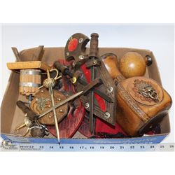 FLAT OF BAR DECOR AND  LEATHER DECANTER,