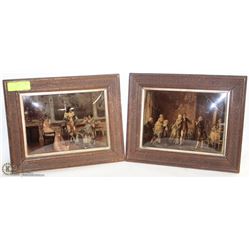 SET OF 2 ANTIQUE CURVED GLASS PICTURES FRAMED