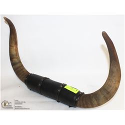 SET OF LEATHER WRAPPED BULL HORNS