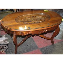 ANTIQUE CARVED EAGLE CAMEO WOOD GLASS TOP COFFEE