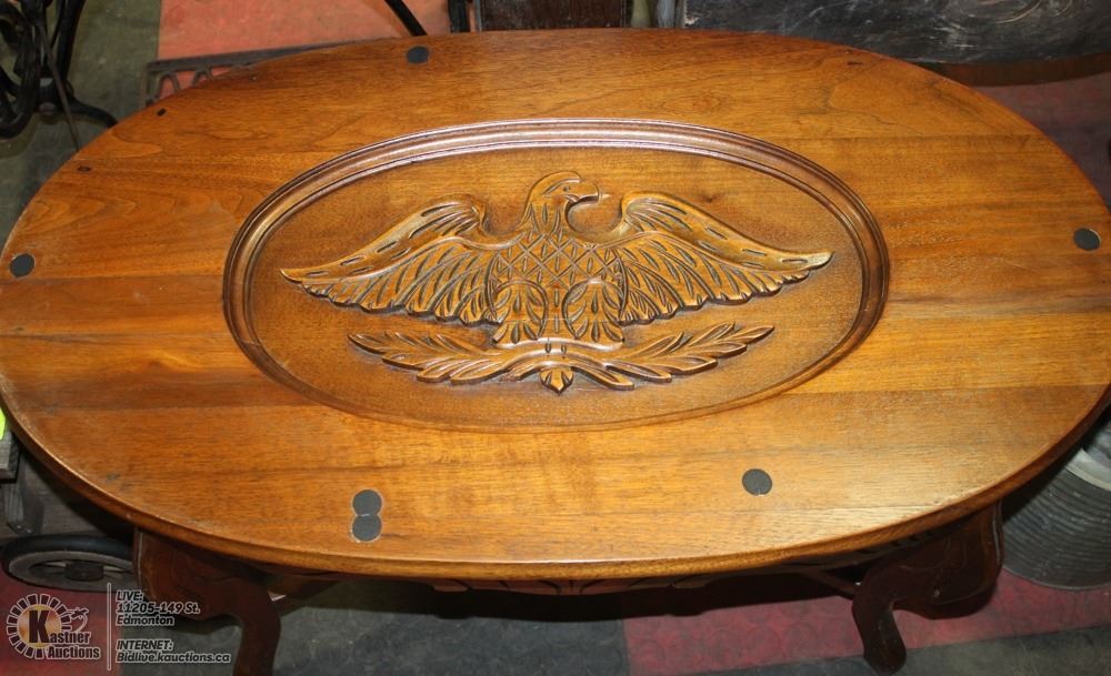ANTIQUE CARVED EAGLE CAMEO WOOD GLASS TOP COFFEE