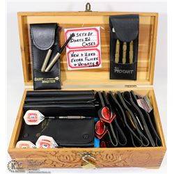14 PAIRS OF NEW AND USED DARTS IN WOODEN BOX
