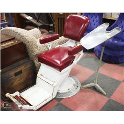 ANTIQUE PORCELAIN BARBERS CHAIR, NEW UPHOLSTERY,