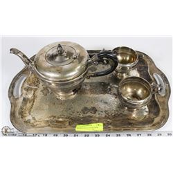 SILVER PLATED TEA POT WITH CREAM A ND SUGAR AND