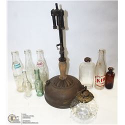 KP3 LOT WITH OIL LAMPS, VINTAGE POP BOTTLES  AND