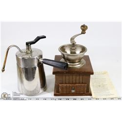 WOODEN COFFEE GRINDER, STOVE TOP CAPPUCINO MAKER