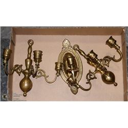 VINTAGE BRASS 3 PIECE WALL CANDLE SCONCES