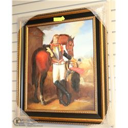 SOLDIER WITH HORSE PAINTING FRAMED 31"X27"