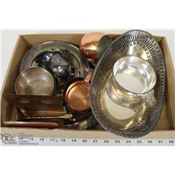 FLAT OF ASSORTED SILVER, BRASS & COPPER ITEMS