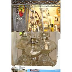 3 VINTAGE GLASS OIL LAMPS - 1 SHADE MISSING