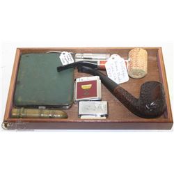 SMALL TRAY OF VINTAGE SMOKING PIPES, LIGHTERS, &