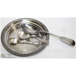 BIRKS STERLING DISH WITH 3 STERLING SPOONS.