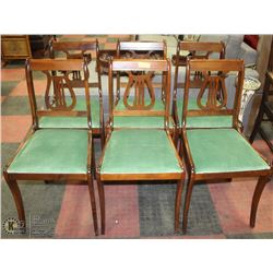 LOT OF 6 WOOD CARVED GREEN MATERIAL SIDE CHAIRS