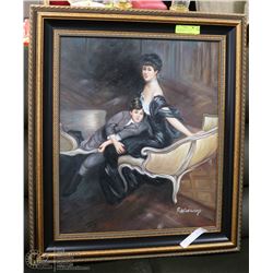 MOTHER AND SON ON CHAISE  FRAMED PAINTING  27"X31"
