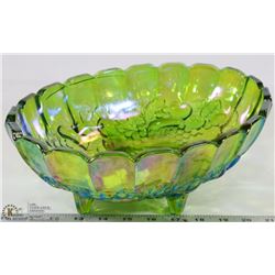 LARGE GREEN CARNIVAL GLASS FOOTED BOWL - HARVEST