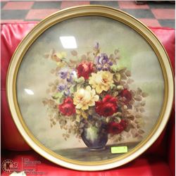 MID CENTURY ROUND FRAMED FLORAL PRINT