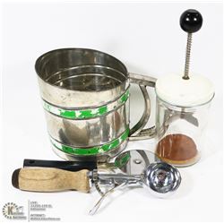 BOX WITH FLOUR SIFTER, CHOPPER, ICE CREAM SCOOP