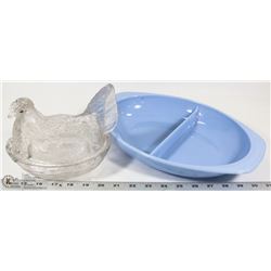CLEAR GLASS CHICKEN NESTING DISH W/ BLUE DELPHITE