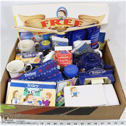 VINTAGE BOX OF TETLEY TEA COLLECTIBLES
