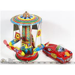 TIN RIDE A ROCKET AND COOKIE TIN TOYS