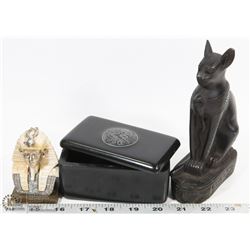 CARVED EGYPTIAN CAT, TRINKET BOX AND FIGURINE