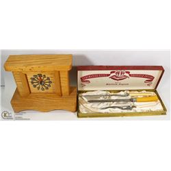 VINTAGE CARVING SET AND SOLID OAK MANTLE CLOCK