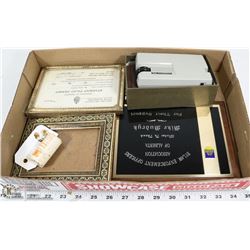 VINTAGE PLAQUE , OPTICAL TAPE MEASURE ETC FLAT