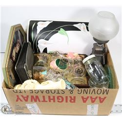 BOX OF PLACEMATS/GLASSES, GLOBE LAMP /MISC.