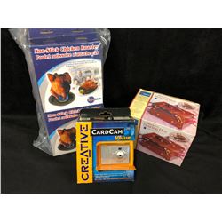 MISC LOT (NON-STICK CHICKEN ROASTER, CREATIVE CARD CAM, WOODEN SEWING KIT)
