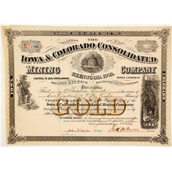 Iowa & Colorado Cons. Mining Co. of Glenwood, Iowa Stock Certificate, 1883