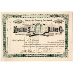 Keystone Gold Mining Co. Stock Certificate, San Miguel Co., Colorado, 1888