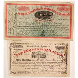 Two Different Buckeye Mining & Tunneling Co. of Colorado Stock Certificates 1878 & 1880