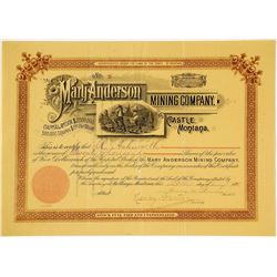 Mary Anderson Mining Co. Stock Certificate, Castle, MT, 1891
