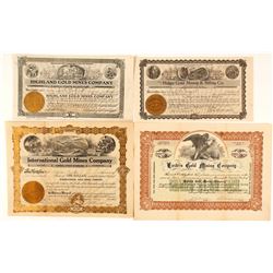 Four Different Gold Mining Stock Certificates