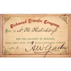 Richmond Transfer Company Pass, 1874, No. 1