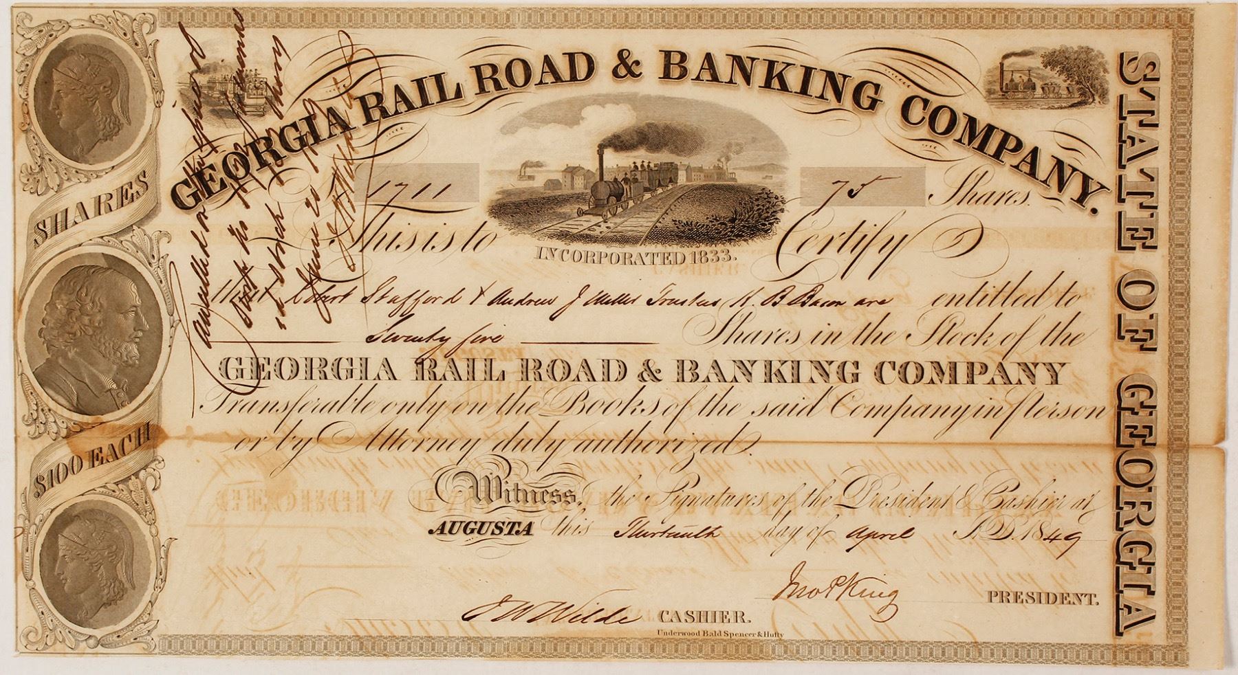 Rail Road & Banking Company Stock Certificate