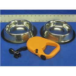 Stainless steel non skid pet Bowls & retractable leash for Med dogs