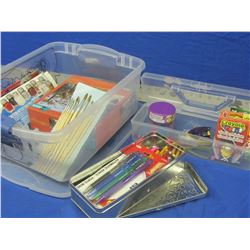 3 bins of art supplies / paints/ crayons / brushes / puzzle / glitter scissors ect.